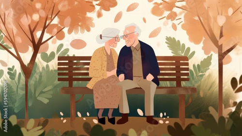 Elderly couple holding hands as they sit on a park bench, surrounded by lush greenery and blooming flowers. Generative AI.