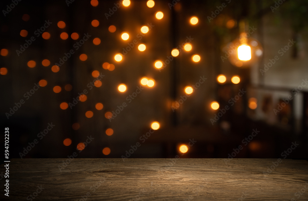 Empty wooden table and blurred cafe background, product display. High quality photo