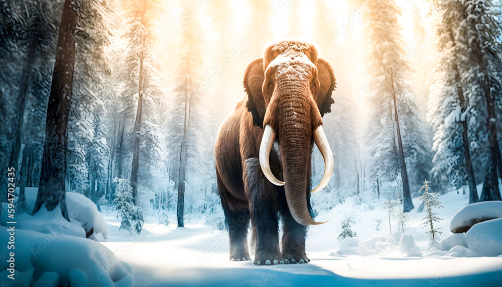 Woolly mammoth with sunlight, prehistoric animal in landscape frozen ...