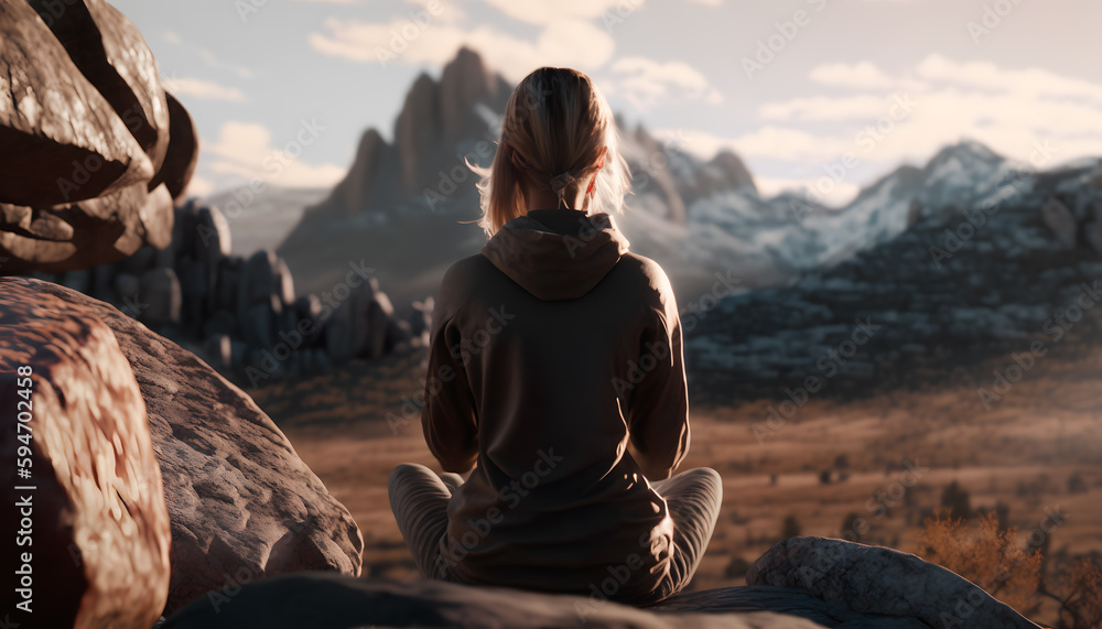 Back view young woman meditating in nature mountain Alps sunrise. Concept life sport travel. Generation AI Back view young woman meditating in nature mountain Alps sunrise. Concept life sport travel. Generation AI