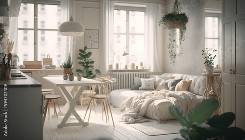 Classic Scandinavian kitchen with wooden and white details  minimalistic life interior design. Generation AI