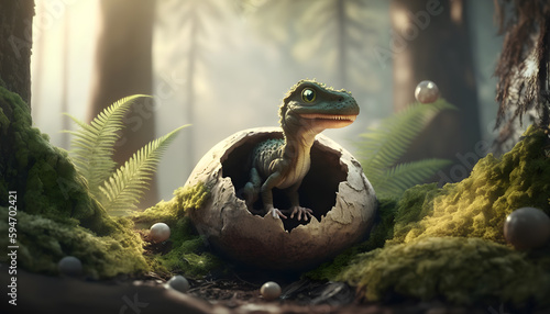 Young dinosaur T Rex hatches from an egg in forest in habitat  Jurassic period. Generation AI