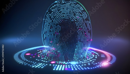 Security system with fingerprint on cyber technology neon background. Concept Protect personal data. Generation AI. photo