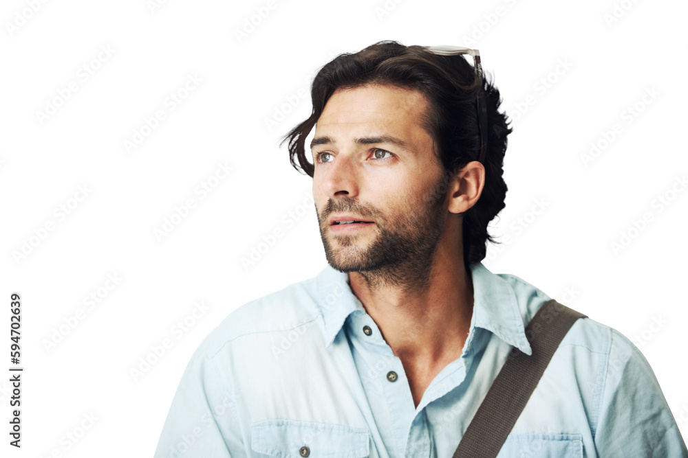 Fototapeta premium Thinking, mindset and PNG with a man isolated on a transparent background contemplating a thought. Idea, mind and contemplation with a handsome young male pondering a decision about the future