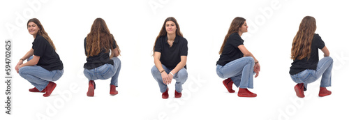 various poses of same young girl long-haired squatting on white background