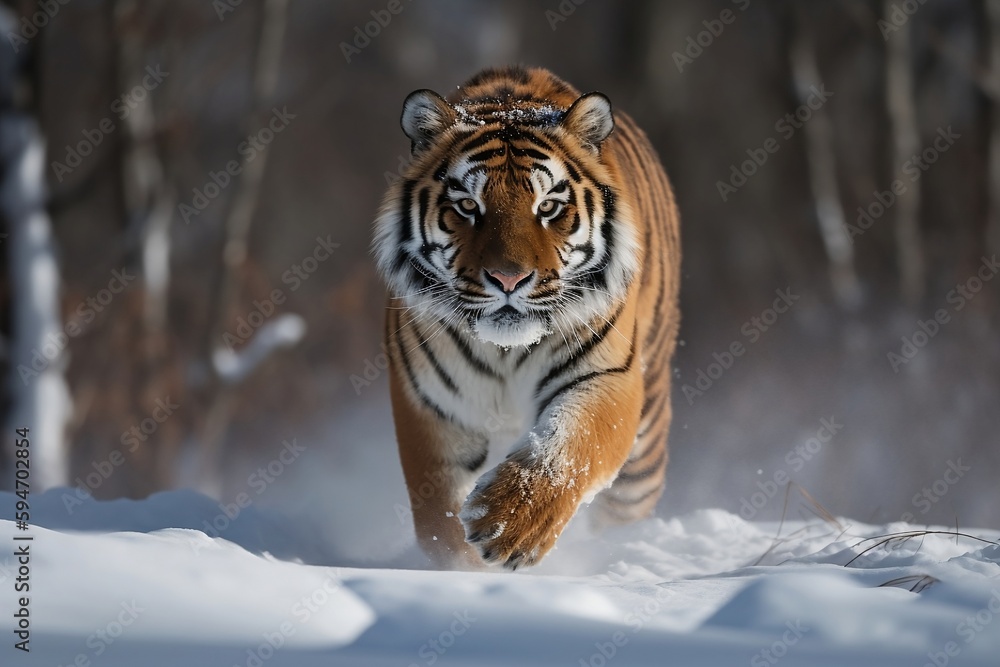 Tiger running in the snow. generative ai