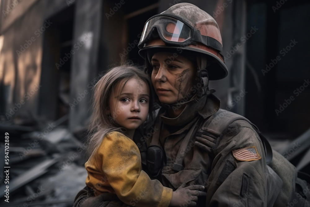 Fototapeta premium Little girl with firefighter. Military concept. Generative AI