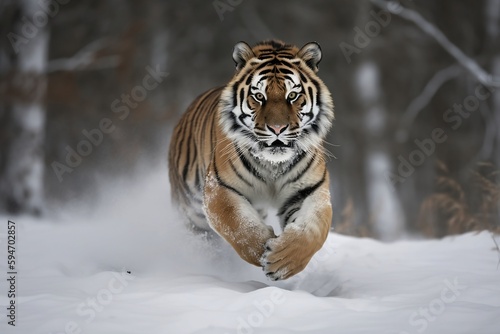Tiger running in the snow. generative ai