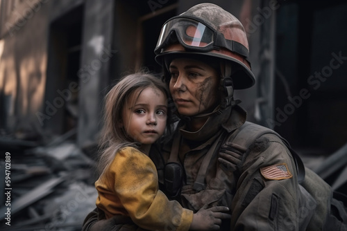 Little girl with firefighter. Military concept. Generative AI