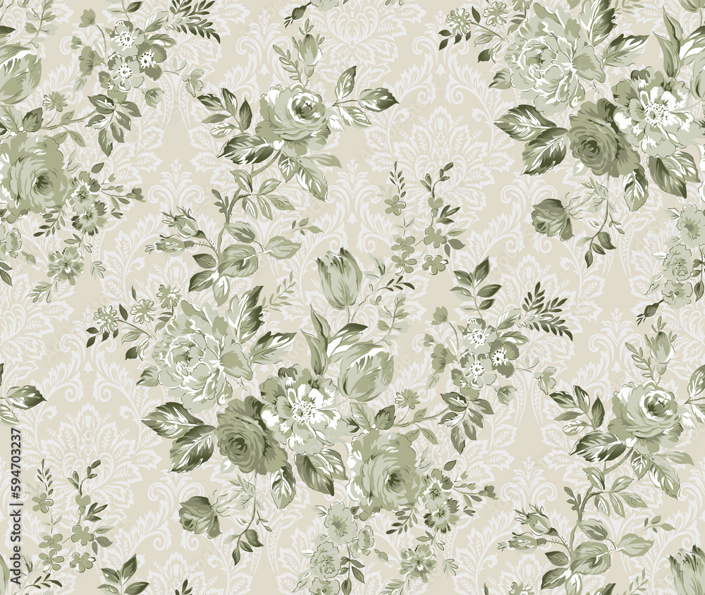 Seamless watercolor floral pattern - pink blush flowers elements, green ...