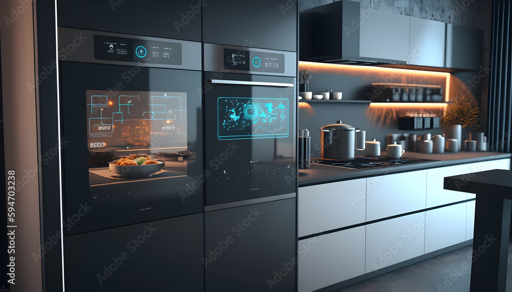 Remote automation home control system on digital tablet, Smart kitchen concept. Generation AI Remote automation home control system on digital tablet, Smart kitchen concept. Generation AI
