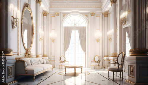 Light luxury royal posh interior in baroque style. White hall with expensive oldstyle furniture. Generation AI © Adin