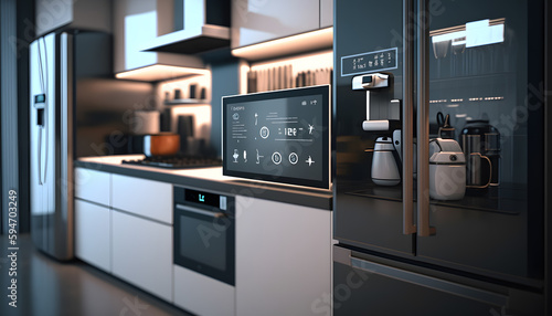 Remote automation home control system on digital tablet, Smart kitchen concept. Generation AI