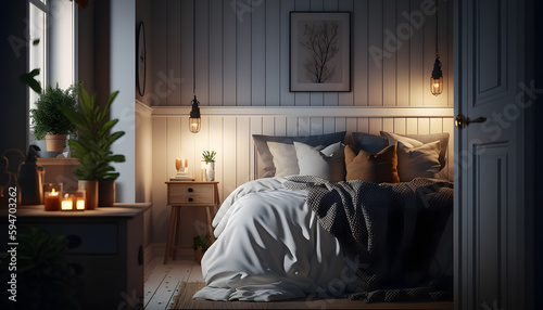 Modern Scandinavian bedroom  wooden bed in minimal interior. Generation AI