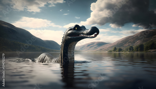 Loch Ness Monster Nessie in water lake. Generation AI