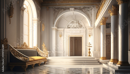 Light luxury royal posh interior in baroque style. White hall with expensive oldstyle furniture. Generation AI photo