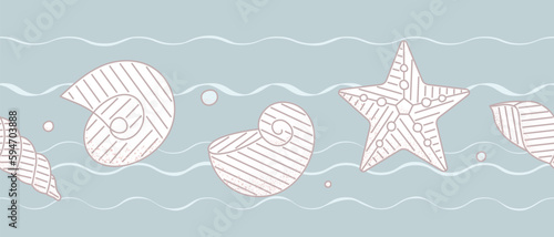 Line vector seamless pattern of line with seashells, seastars. Marine border for textile, package