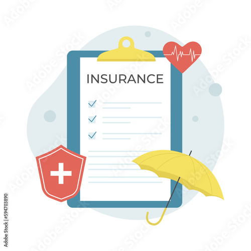 Health insurance, medical insurance. Medicine and healthcare concept. Clipboard, umbrella, shield, medical check form report
