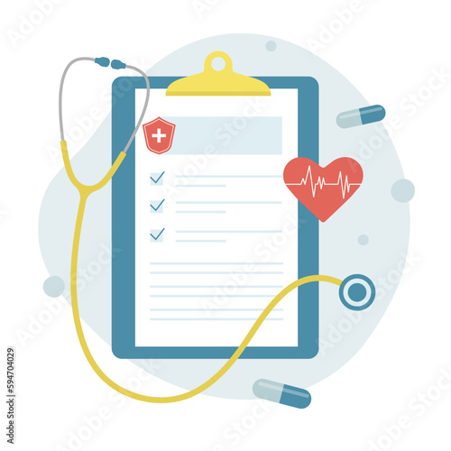 Health insurance, medical insurance. Medicine and healthcare concept. Clipboard with stethoscope, medical check form report