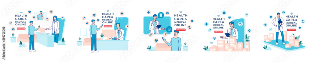 Telehealth, telemedicine, online doctor, online clinic and medical service online. Healthcare, medical, telemedicine, Telehealth concept. Patient consultation. Hand draw style. Vector illustration. Telehealth, telemedicine, online doctor, online clinic and medical service online. Healthcare, medical, telemedicine, Telehealth concept. Patient consultation. Hand draw style. Vector illustration.