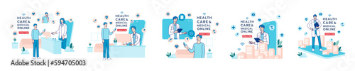 Telehealth, telemedicine, online doctor, online clinic and medical service online. Healthcare, medical, telemedicine, Telehealth concept. Patient consultation. Hand draw style. Vector illustration.