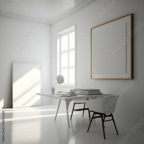 mock up poster frame in modern interior background. Blank picture frame mockup on wall. Home staging and minimalism concept. Generative AI