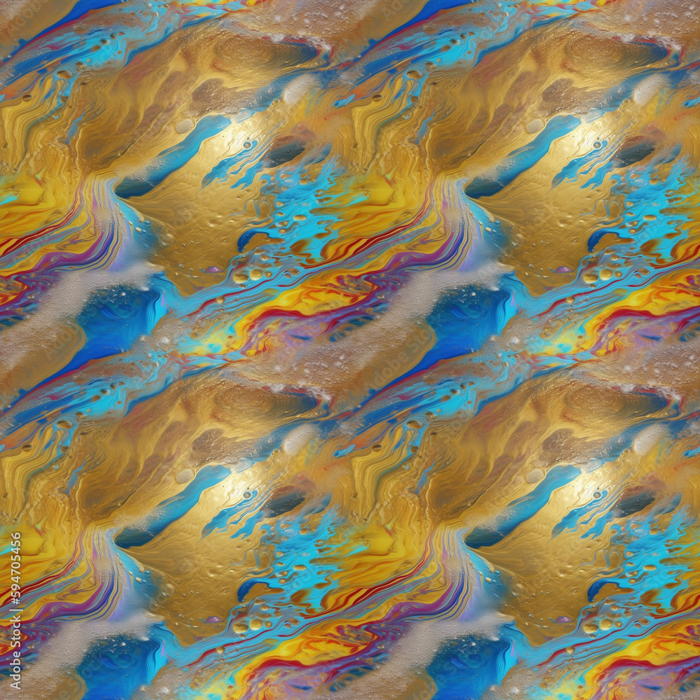 Blue and gold color glitter sand paint mixed with curve texture. AI generative illustration.
