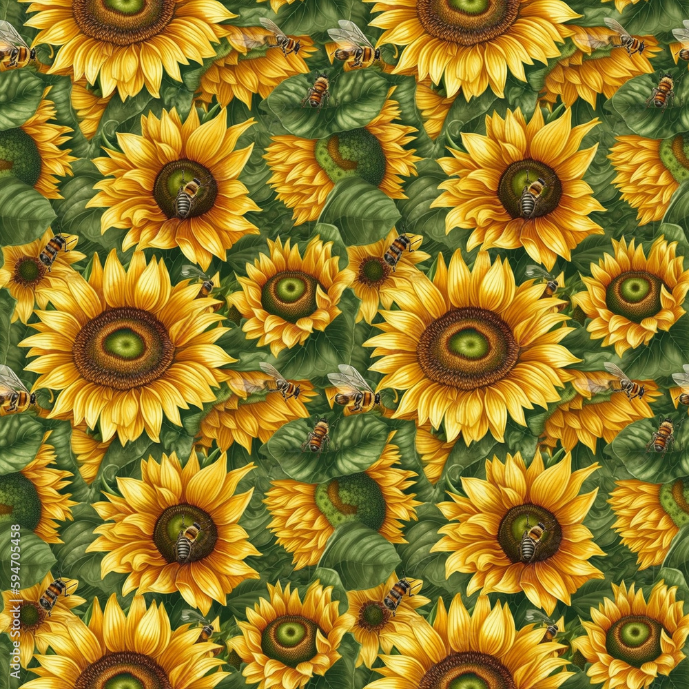 Field of blooming sunflowers with bees background. AI generative illustration. Field of blooming sunflowers with bees background. AI generative illustration.