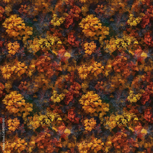 Aerial drone view over autumn red and yellow forest. AI generative illustration.