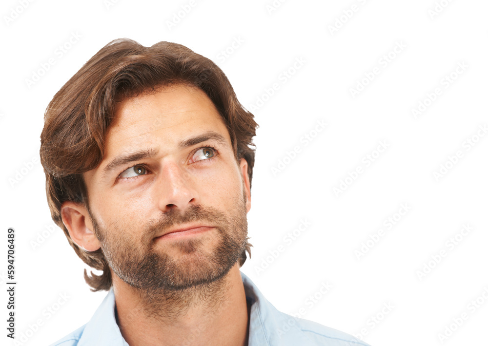 Business man, headshot and think for ideas, brainstorming or focus by png background. Isolated businessman, entrepreneur and thinking with vision, mindset or planning strategy in corporate management Business man, headshot and think for ideas, brainstorming or focus by png background. Isolated businessman, entrepreneur and thinking with vision, mindset or planning strategy in corporate management