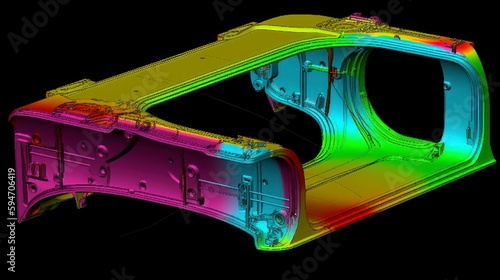 metal car trunk  finite element analysis structure, steel isolated on black background, stress testing engineering analysis computer model photo