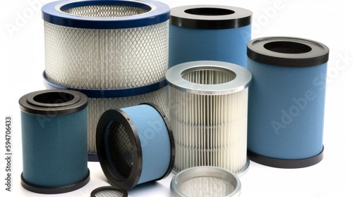 various types car air filters, isolated on white background, different kinds, rounded forms, clean white and blue, dark azure, precisionist lines, computer-aided manufacturing
