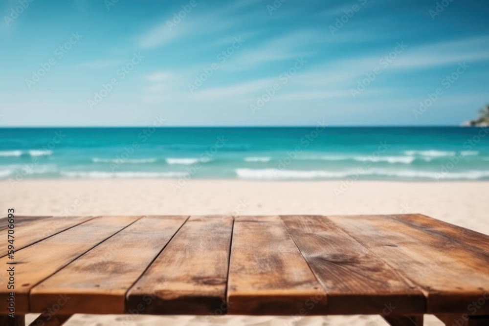 Fototapeta premium tropical beach table scene, generative AI