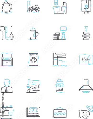 Municipal lodgings linear icons set. Accommodation, Hospitality, Guesthouse, Public, Bunkhouse, Shelter, Housing line vector and concept signs. Hostel,Boardinghouse,Dormitory outline illustrations