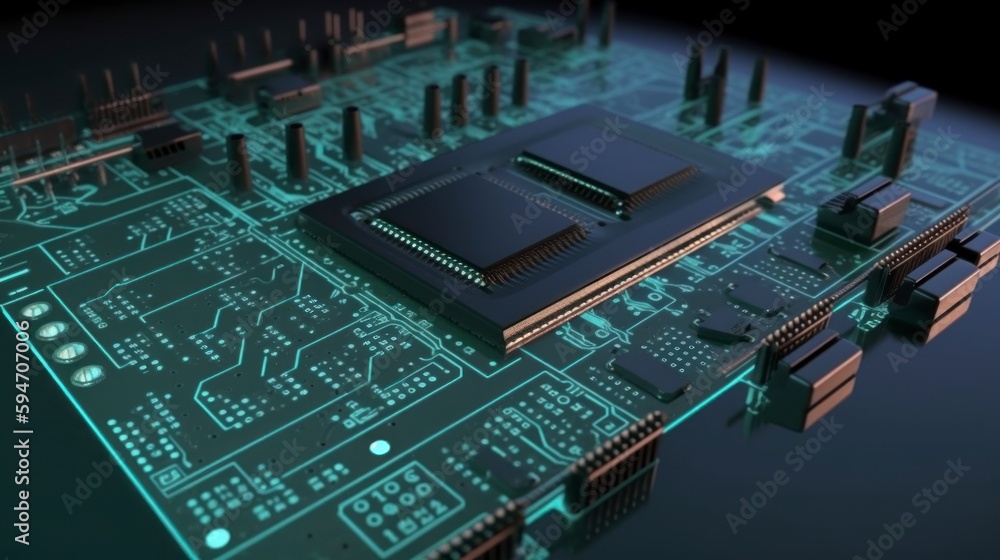 a close up view of an electronic circuit board hardware, schematic pcb illustration, micro chip core, capacitor printed ai computer, light indigo and green, generative ai a close up view of an electronic circuit board hardware, schematic pcb illustration, micro chip core, capacitor printed ai computer, light indigo and green, generative ai