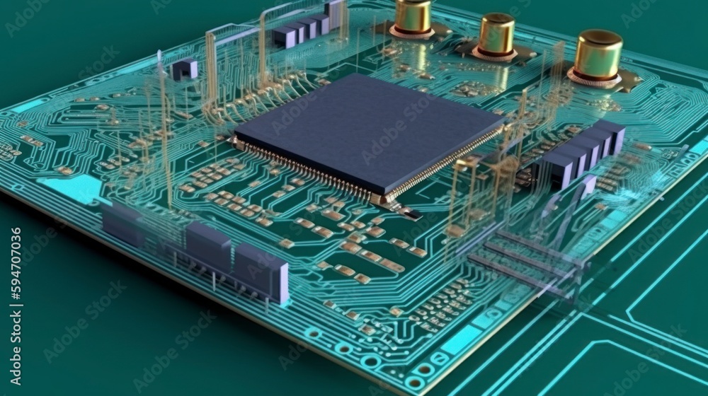 a close up view of an electronic circuit board hardware, schematic pcb illustration, micro chip core, capacitor printed ai computer, light indigo and green, generative ai 