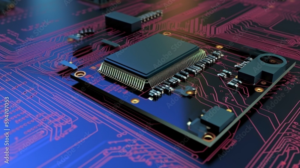 a close up view of an electronic circuit board hardware, schematic pcb illustration, micro chip core, capacitor printed ai computer, light indigo and green, generative ai a close up view of an electronic circuit board hardware, schematic pcb illustration, micro chip core, capacitor printed ai computer, light indigo and green, generative ai