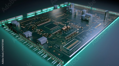 a close up view of an electronic circuit board hardware, empty space for microchip, schematic pcb illustration, core capacitor printed ai computer, light indigo and green, generative 