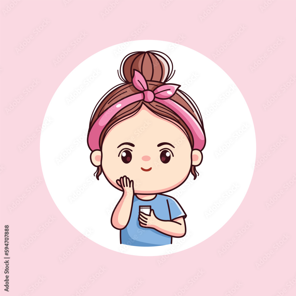 Cute girl with skincare daily activity routine with pink headband kawaii chibi flat character Cute girl with skincare daily activity routine with pink headband kawaii chibi flat character
