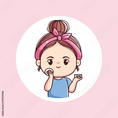 Cute girl with face powder daily activity routine with pink headband kawaii chibi flat character