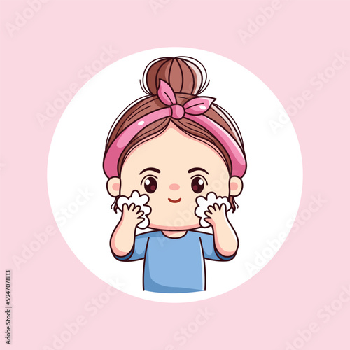 Cute girl wash face daily activity with pink headband kawaii chibi flat character