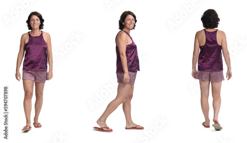 front,side and front of  same woman walking  wearing short summer pajamas on white background