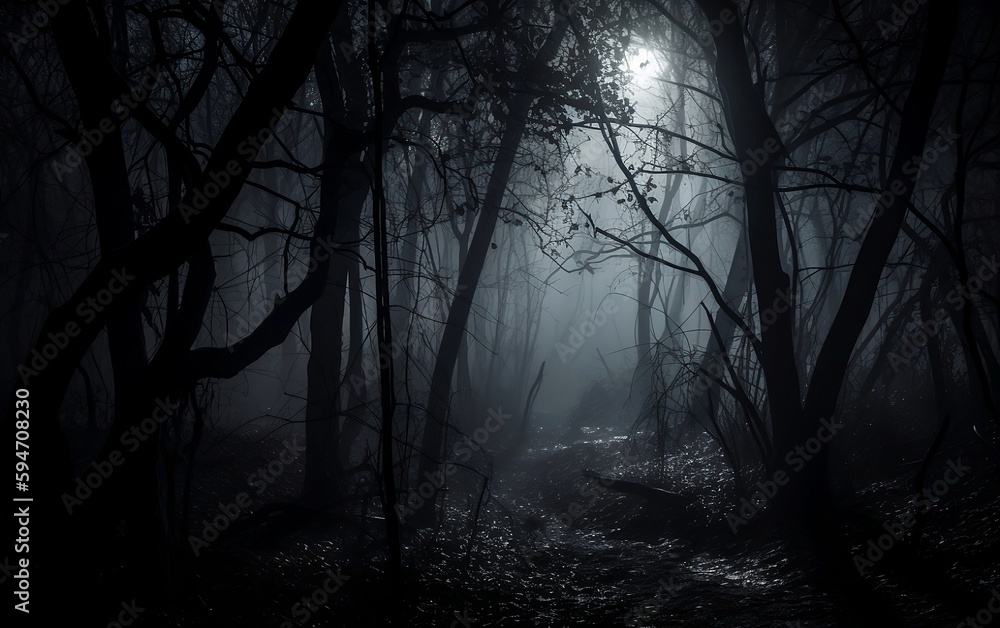 Fototapeta premium Misty morning in the dark woods. AI generative technology