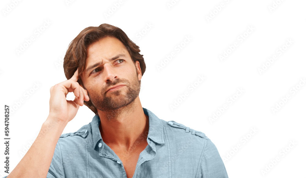 Thinking, confused and PNG with a man isolated on a transparent background for contemplation. Idea, doubt and mind with a handsome young male contemplating a thought or decision while frowning Thinking, confused and PNG with a man isolated on a transparent background for contemplation. Idea, doubt and mind with a handsome young male contemplating a thought or decision while frowning