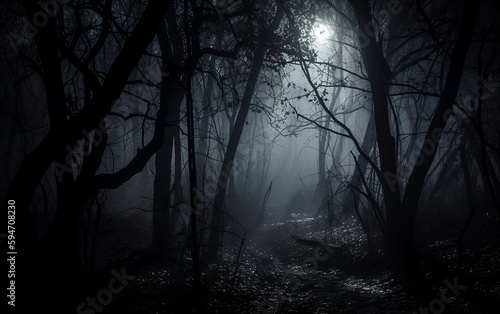 Misty morning in the dark woods. AI generative technology
