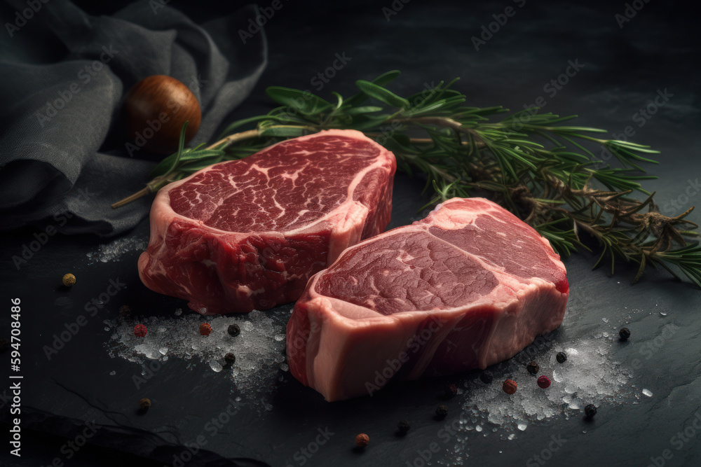 Two raw steaks on dark shale background, generative AI