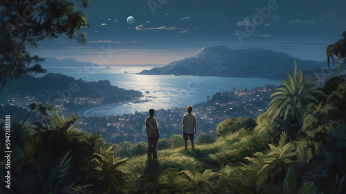 Two people standing on a hill overlooking the city