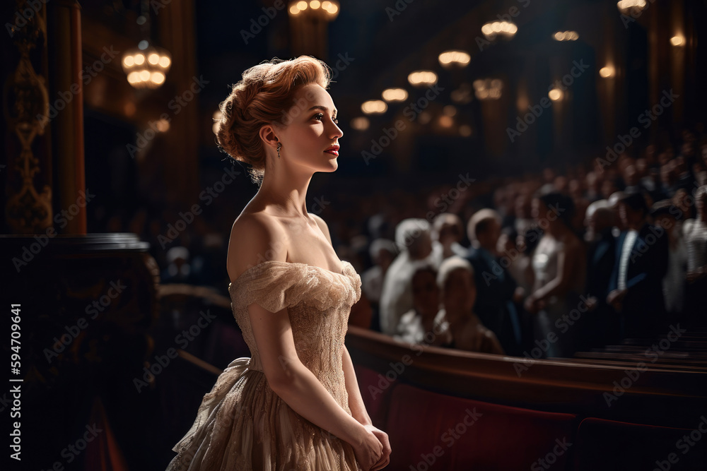 Opera singer in front of her audience in the theater. Generative AI Opera singer in front of her audience in the theater. Generative AI