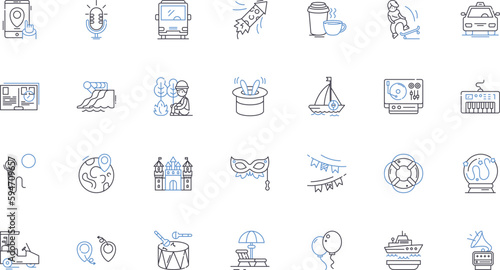 Excursion aficionados line icons collection. Explorers, Adventurers, Hikers, Campers, Travelers, Wanderers, Backpackers vector and linear illustration. Trekking,Expedition,Climbing outline signs set photo
