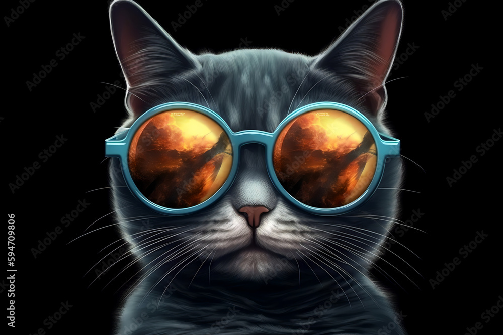 Cool Cat with mirror sunglasses Summer. Image on black background created with generative AI